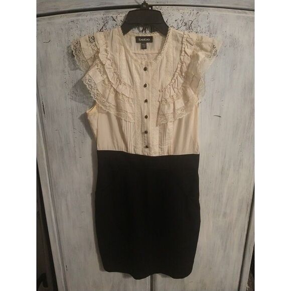 Bebe Vintage Lace Dress Sm Black Y2K Cottage Core Ruffled Feminine - Picture 2 of 11